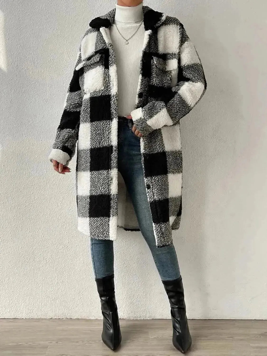Plaid Collared Neck Button Down Coat - Bad Moms Club