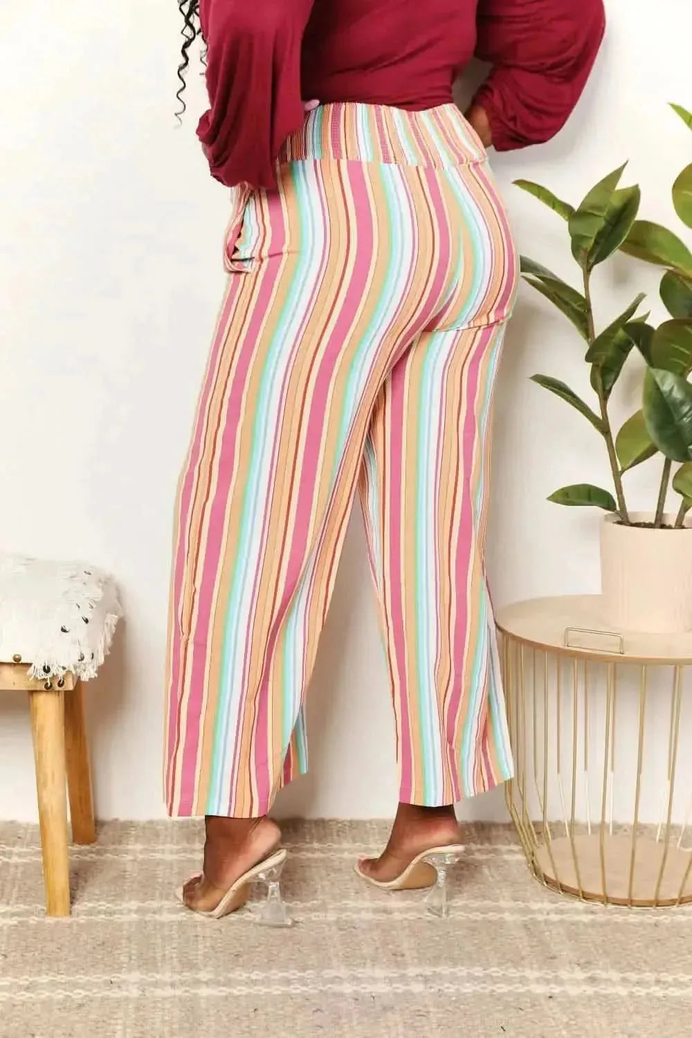 Double Take Striped Smocked Waist Pants with Pockets - Bad Moms Club