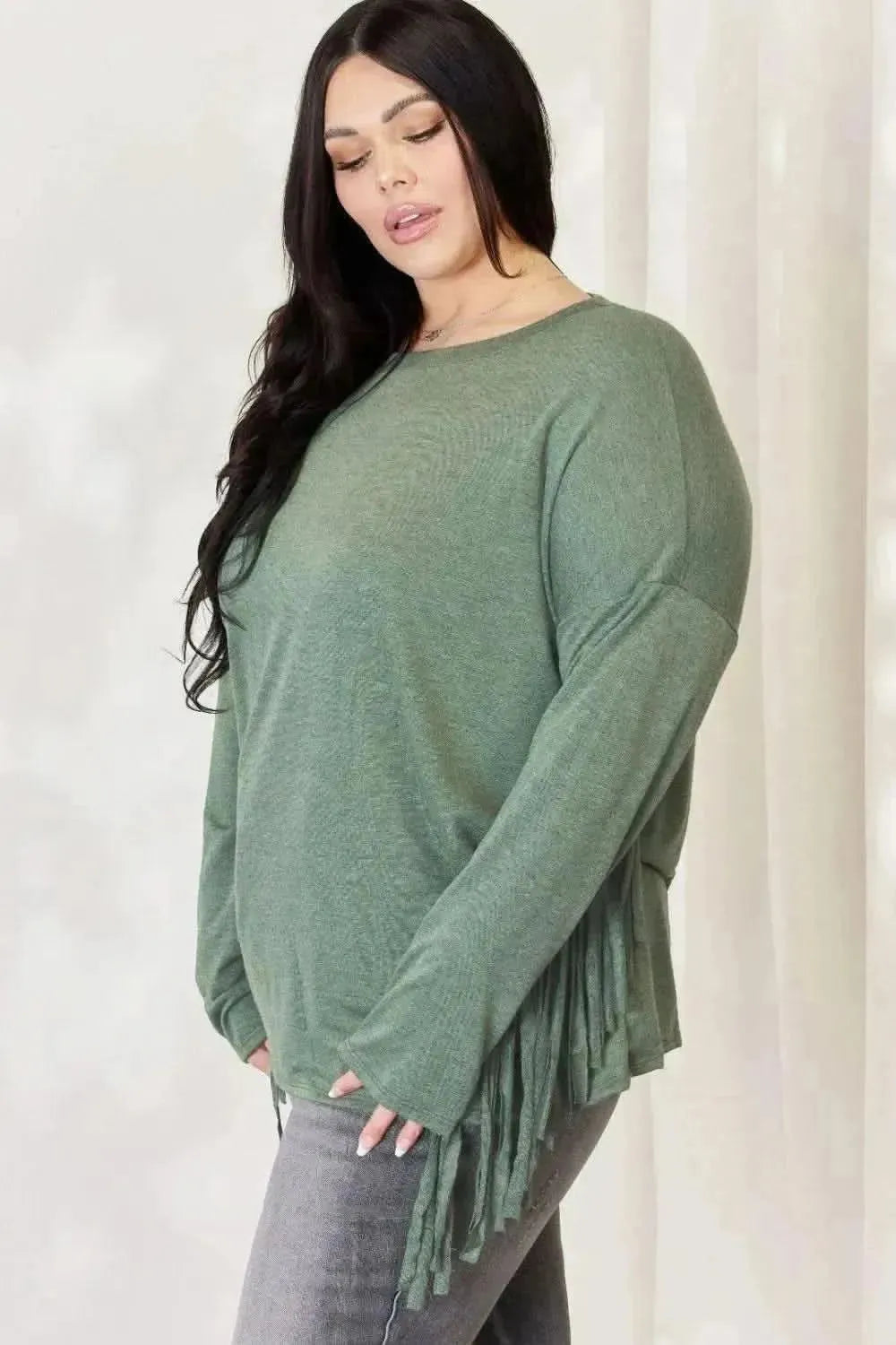 Celeste Full Size Fringe Detail Long Sleeve Top - Bad Moms Club