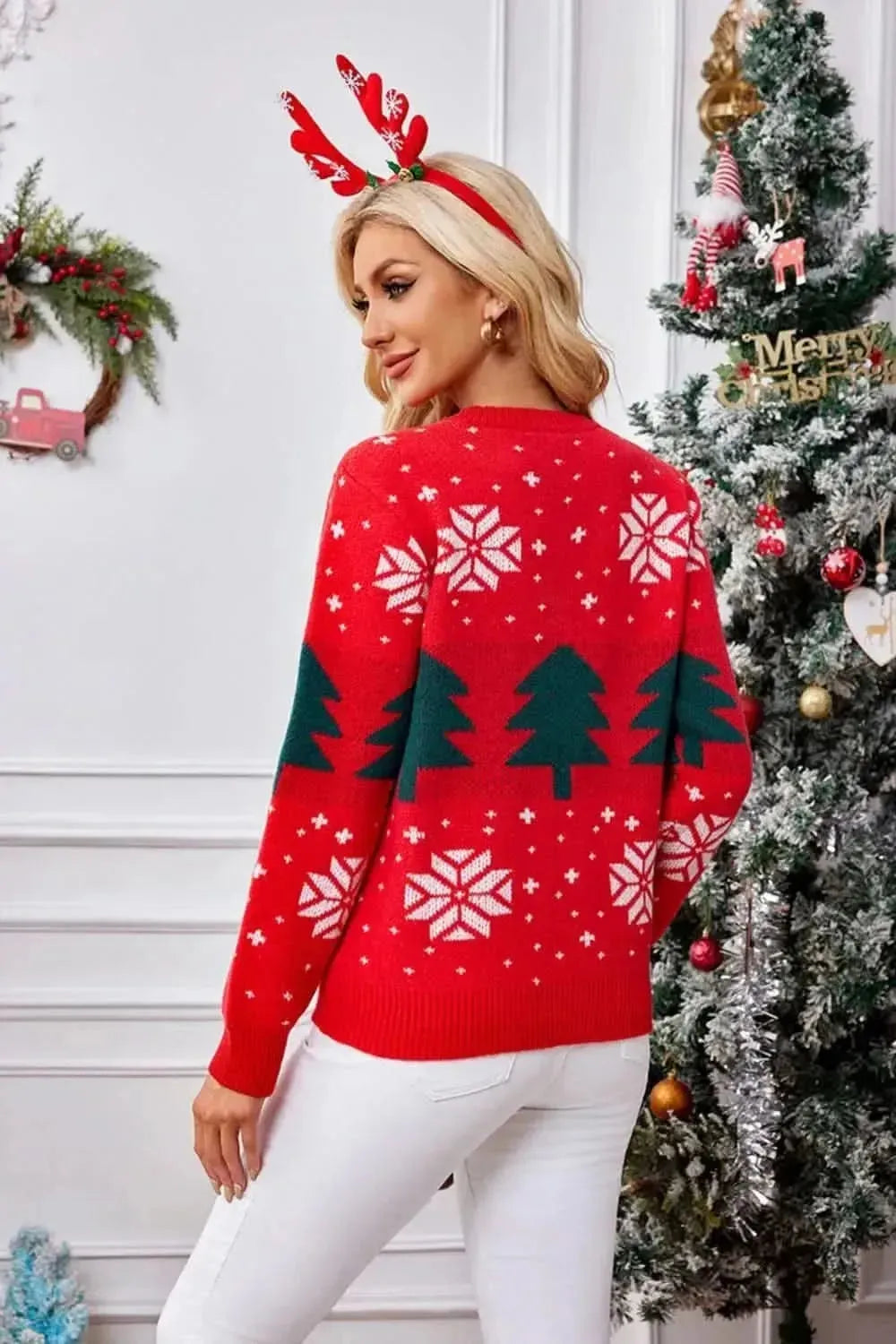 Christmas Tree Round Neck Long Sleeve Sweater - Bad Moms Club