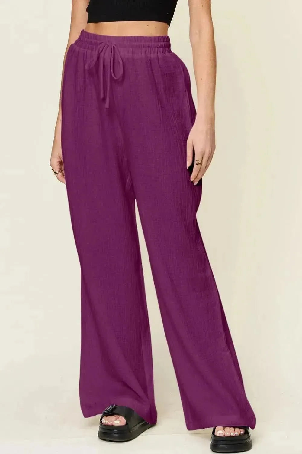 Double Take Full Size Texture Drawstring Wide Leg Pants - Bad Moms Club