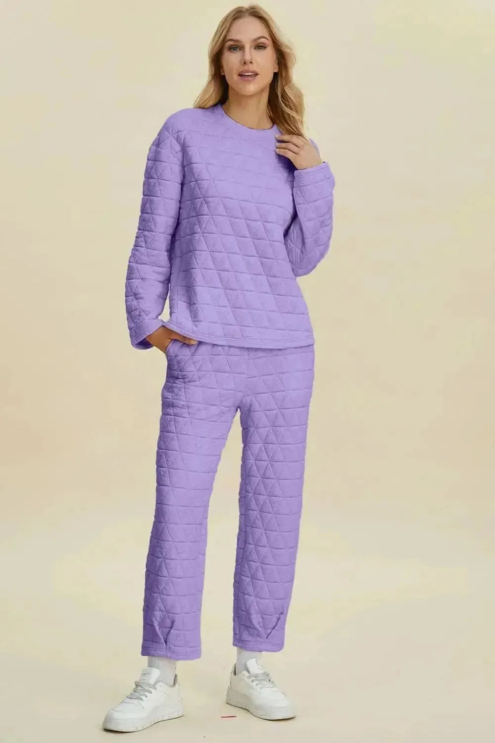 Double Take Full Size Texture Round Neck Long Sleeve Top and Pants Set - Bad Moms Club