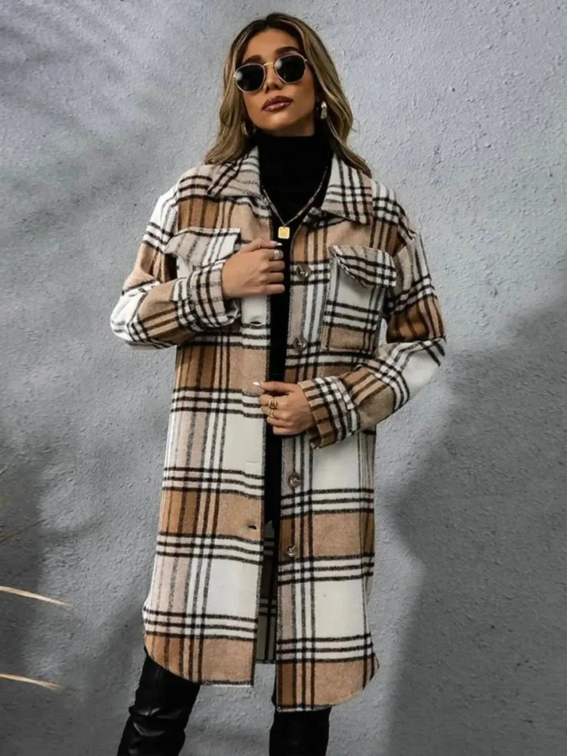 Plaid Collared Neck Long Sleeve Coat - Bad Moms Club