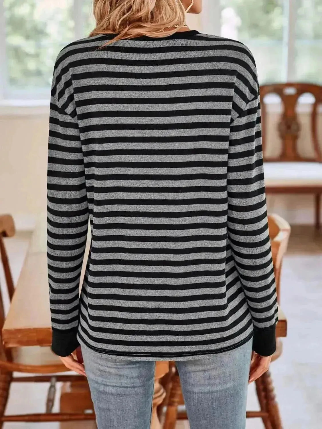 Striped Round Neck Long Sleeve T-Shirt - Bad Moms Club