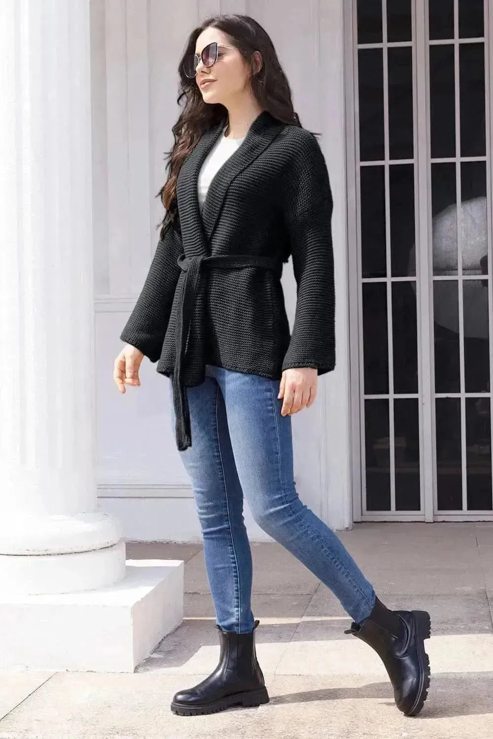 Tied Open Front Long Sleeve Cardigan - Bad Moms Club