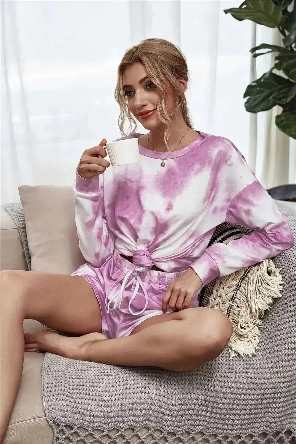 Tie-Dye Dropped Shoulder Top and Shorts Lounge Set - Bad Moms Club