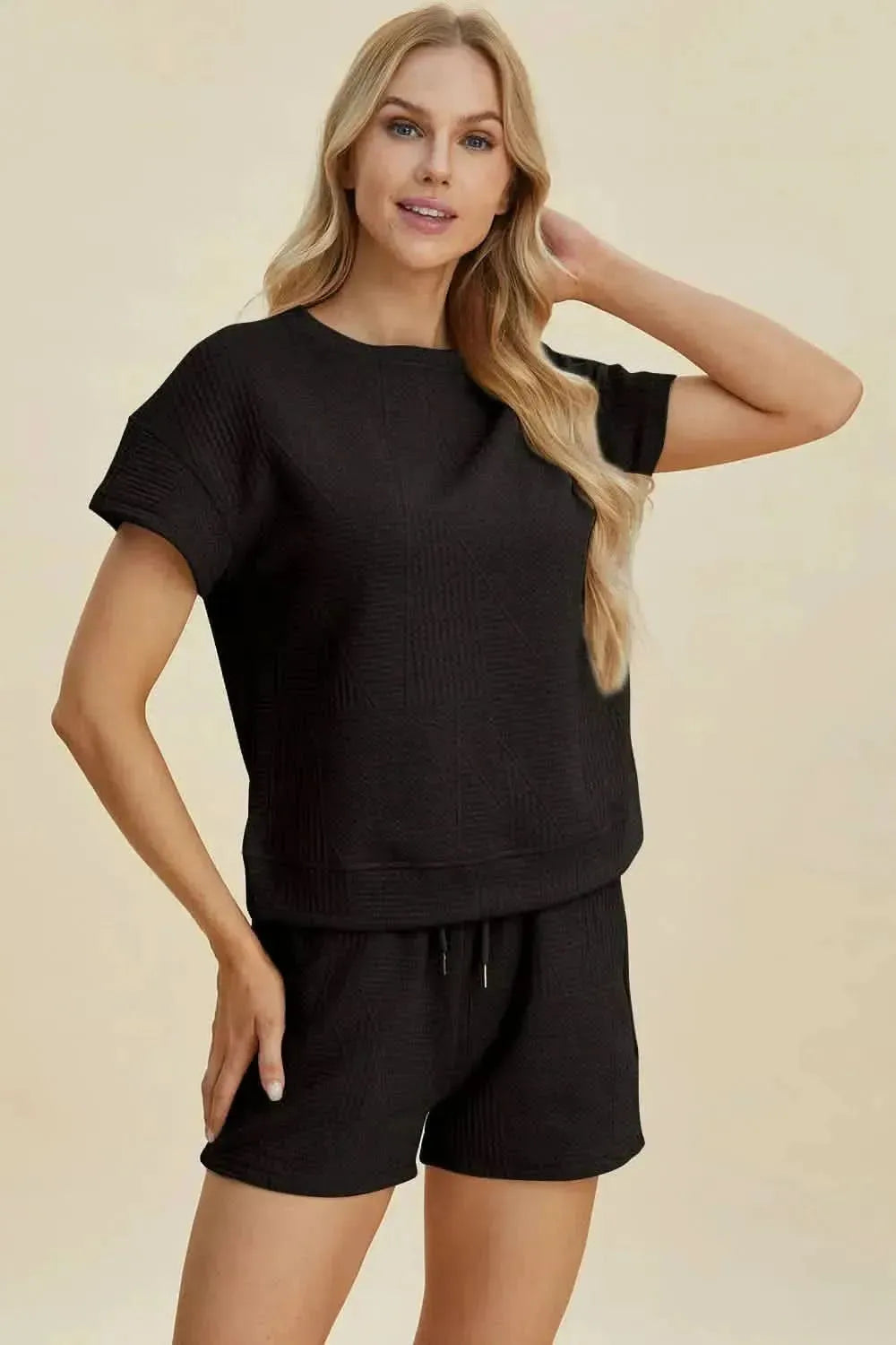Double Take Full Size Texture Short Sleeve Top and Shorts Set - Bad Moms Club