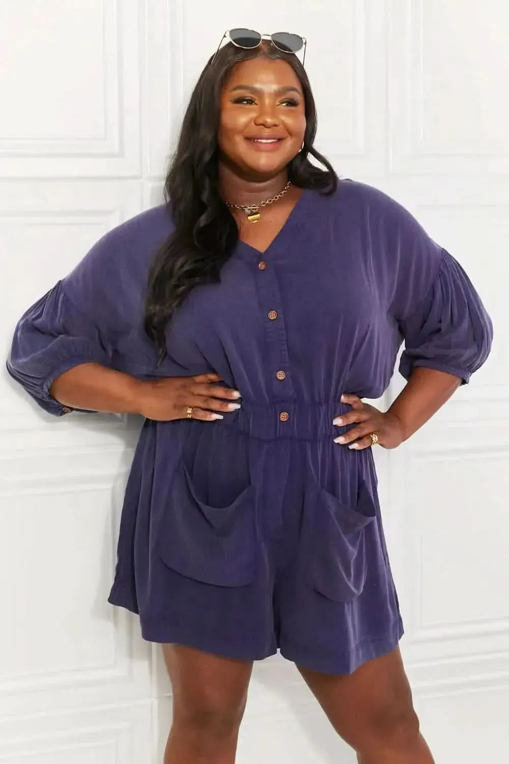 White Birch Full SIze Play It Cool Three-Quarter Sleeve Romper in Blueberry - Bad Moms Club