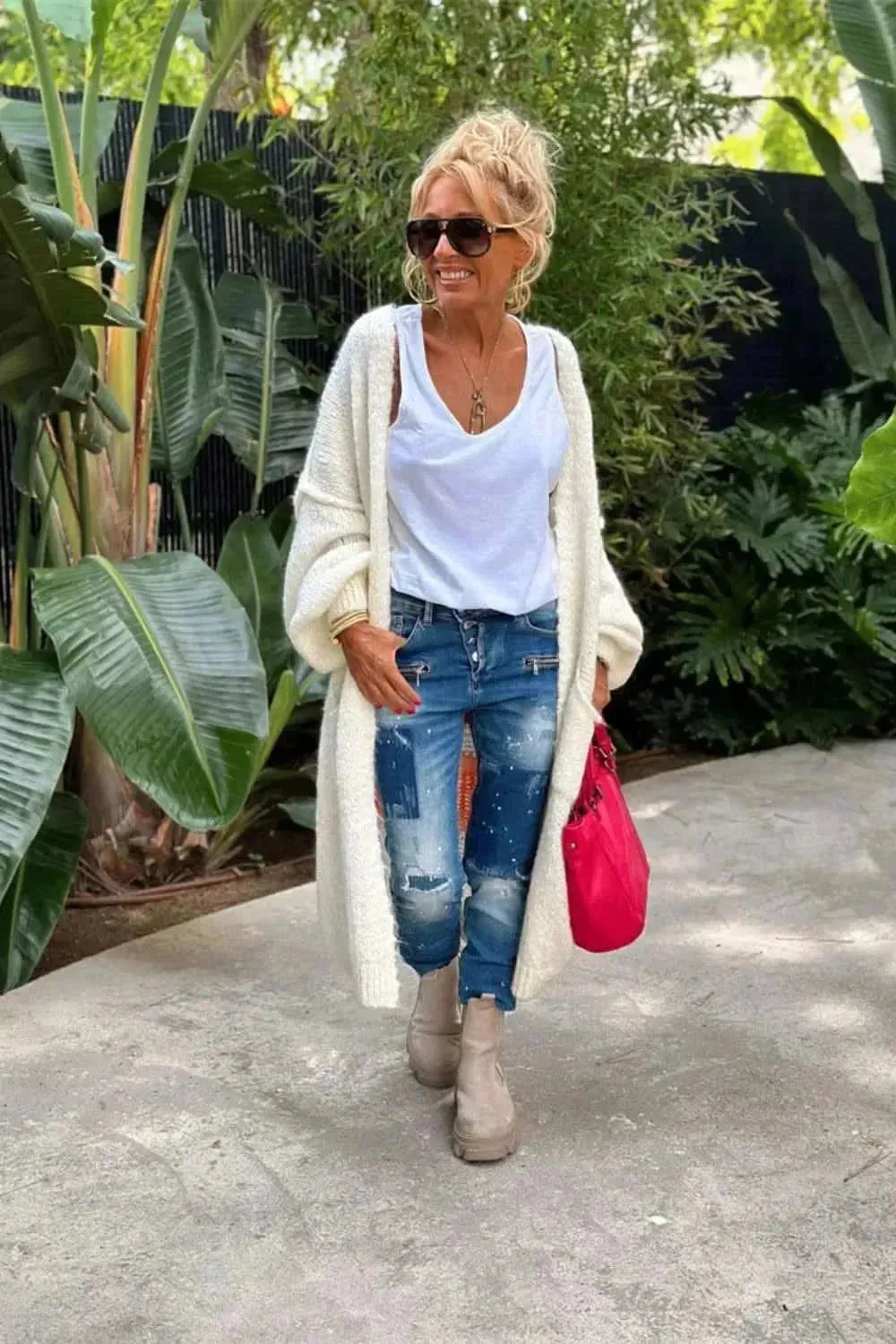 Letter Dropped Shoulder Long Sleeve Cardigan - Bad Moms Club