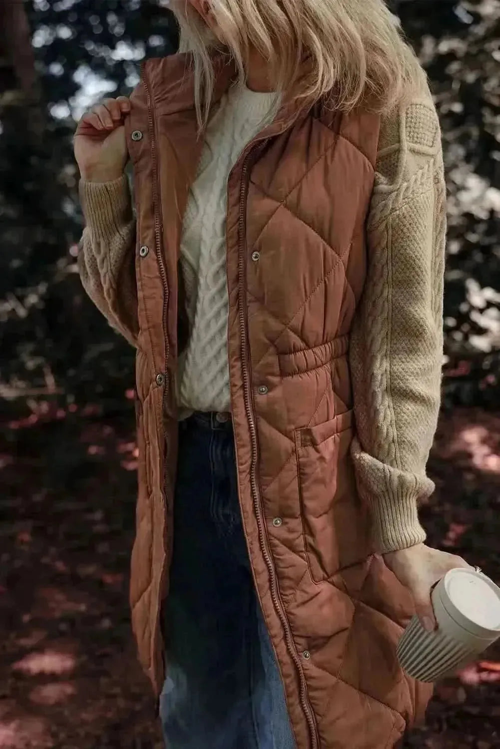 Pocketed Zipper and Button Vest Coat - Bad Moms Club