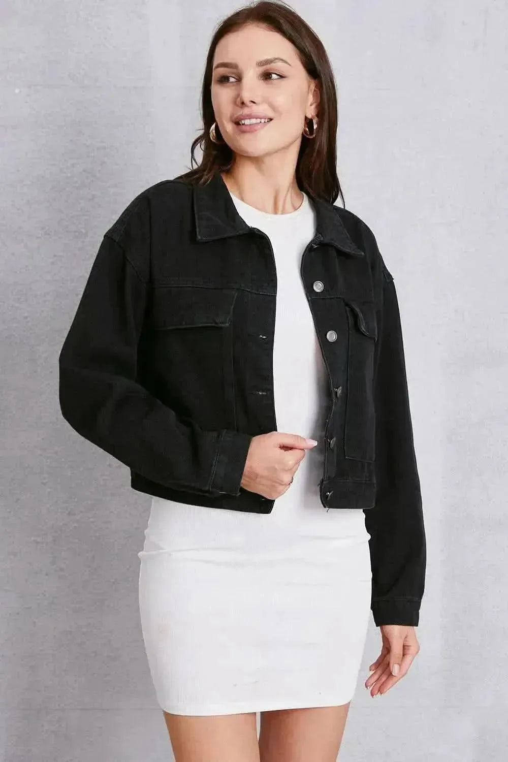 Button Up Dropped Shoulder Denim Jacket - Bad Moms Club