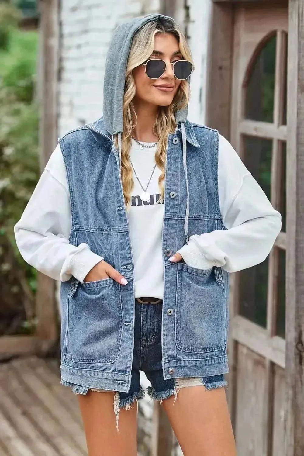 Sleeveless Denim Top with A Detachable Hood - Bad Moms Club