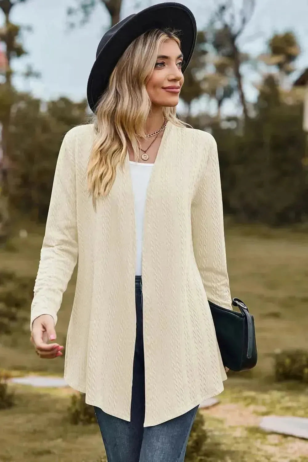 Textured Open Front Long Sleeve Cardigan - Bad Moms Club