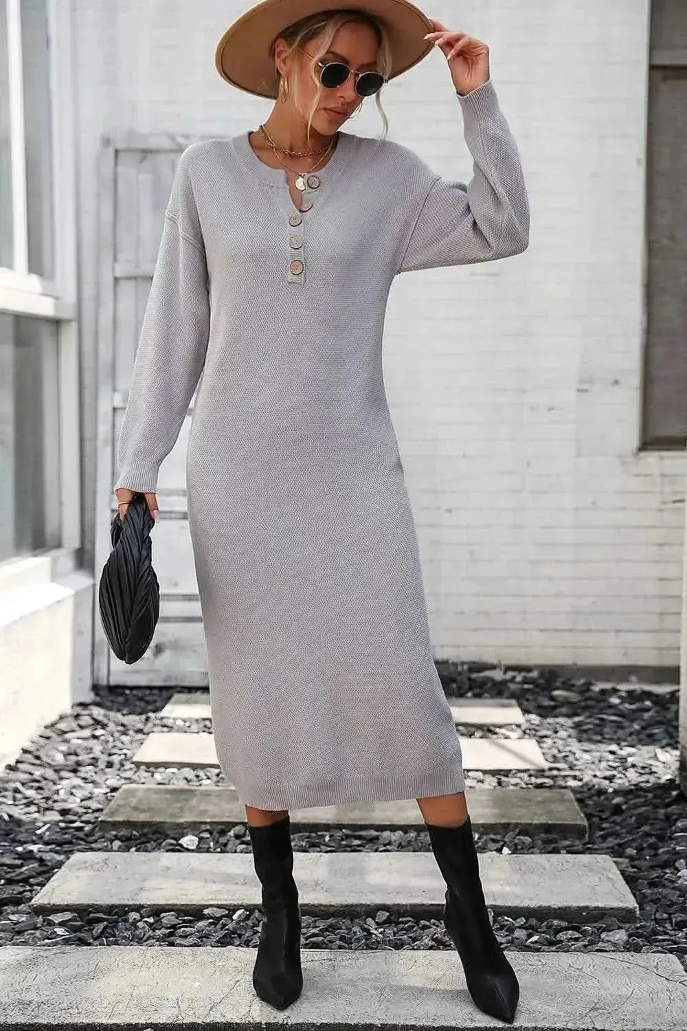 Decorative Button Notched Dropped Shoulder Sweater Dress - Bad Moms Club