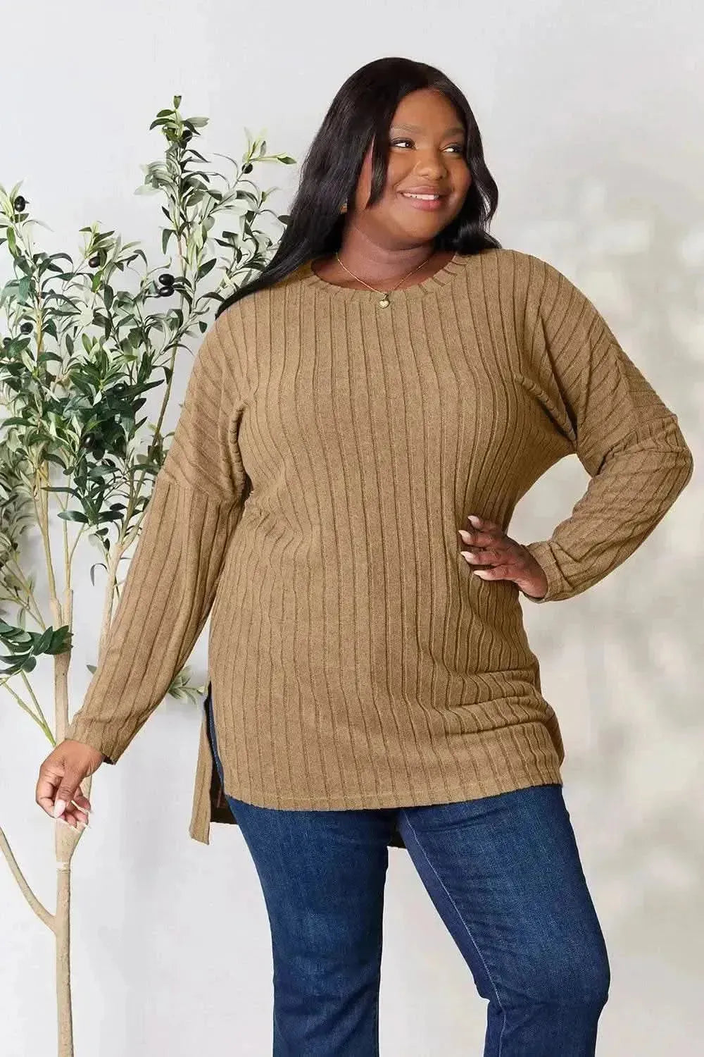 Basic Bae Full Size Ribbed Round Neck Long Sleeve Slit Top - Bad Moms Club