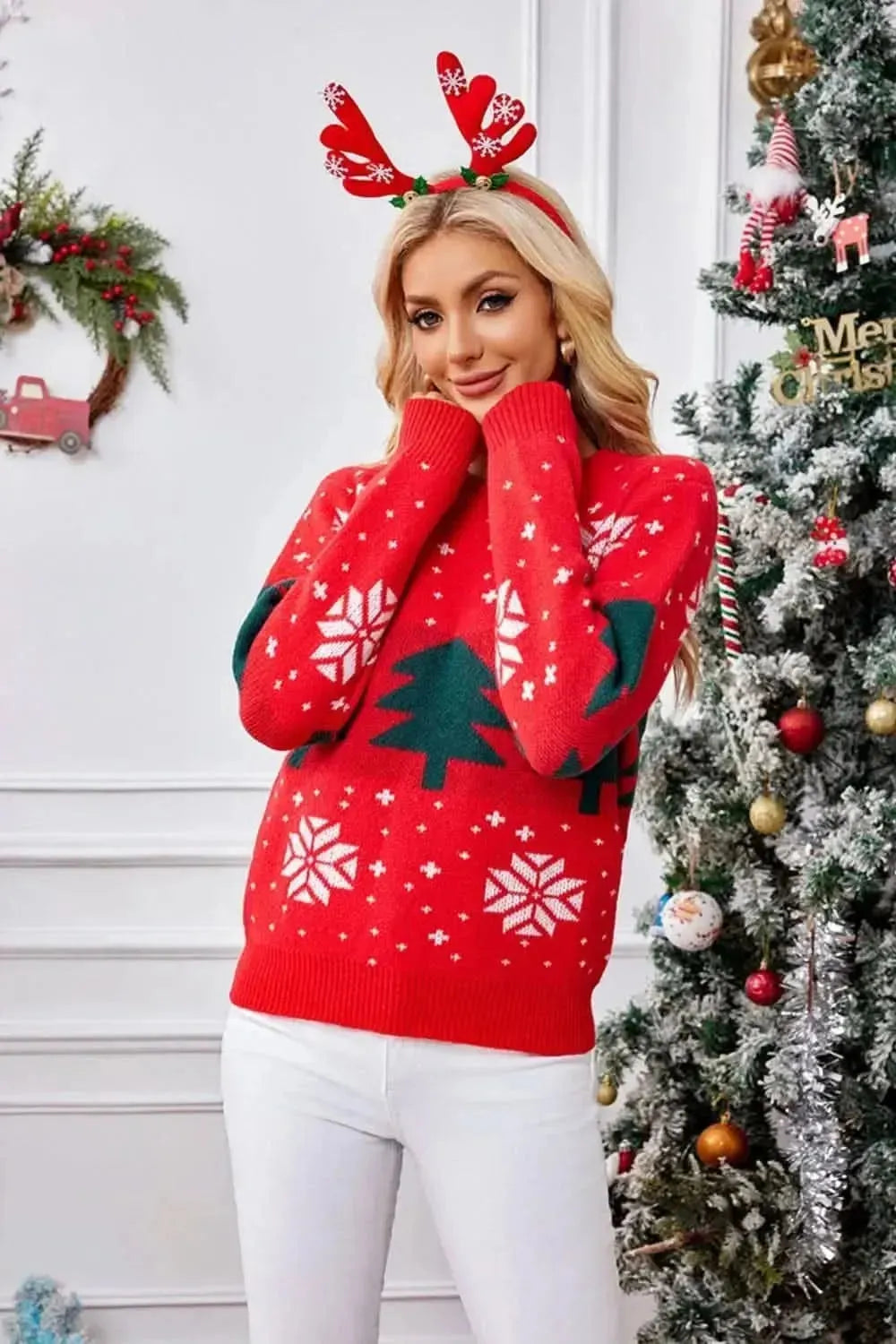 Christmas Tree Round Neck Long Sleeve Sweater - Bad Moms Club