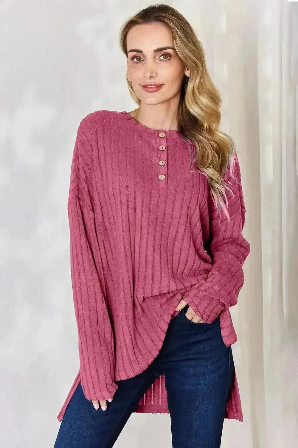 Basic Bae Full Size Ribbed Half Button Long Sleeve High-Low T-Shirt - Bad Moms Club