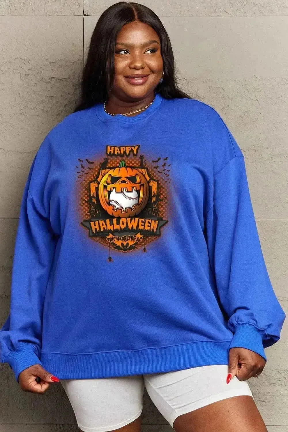 Simply Love Full Size HAPPY HALLOWEEN Graphic Sweatshirt - Bad Moms Club