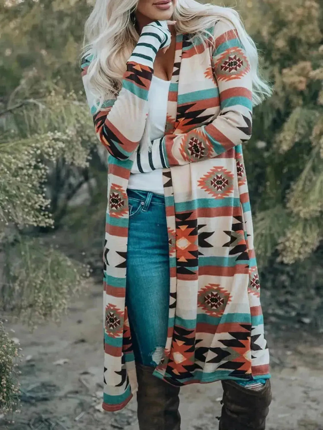 Geometric Open Front Long Sleeve Cardigan - Bad Moms Club