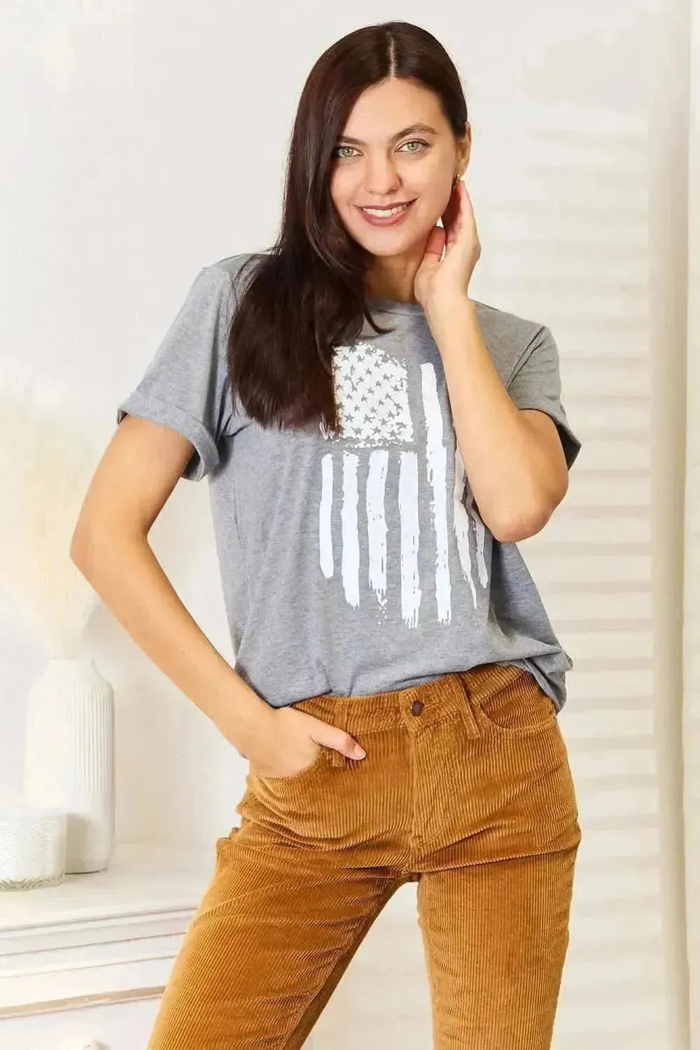 Simply Love US Flag Graphic Cuffed Sleeve T-Shirt - Bad Moms Club