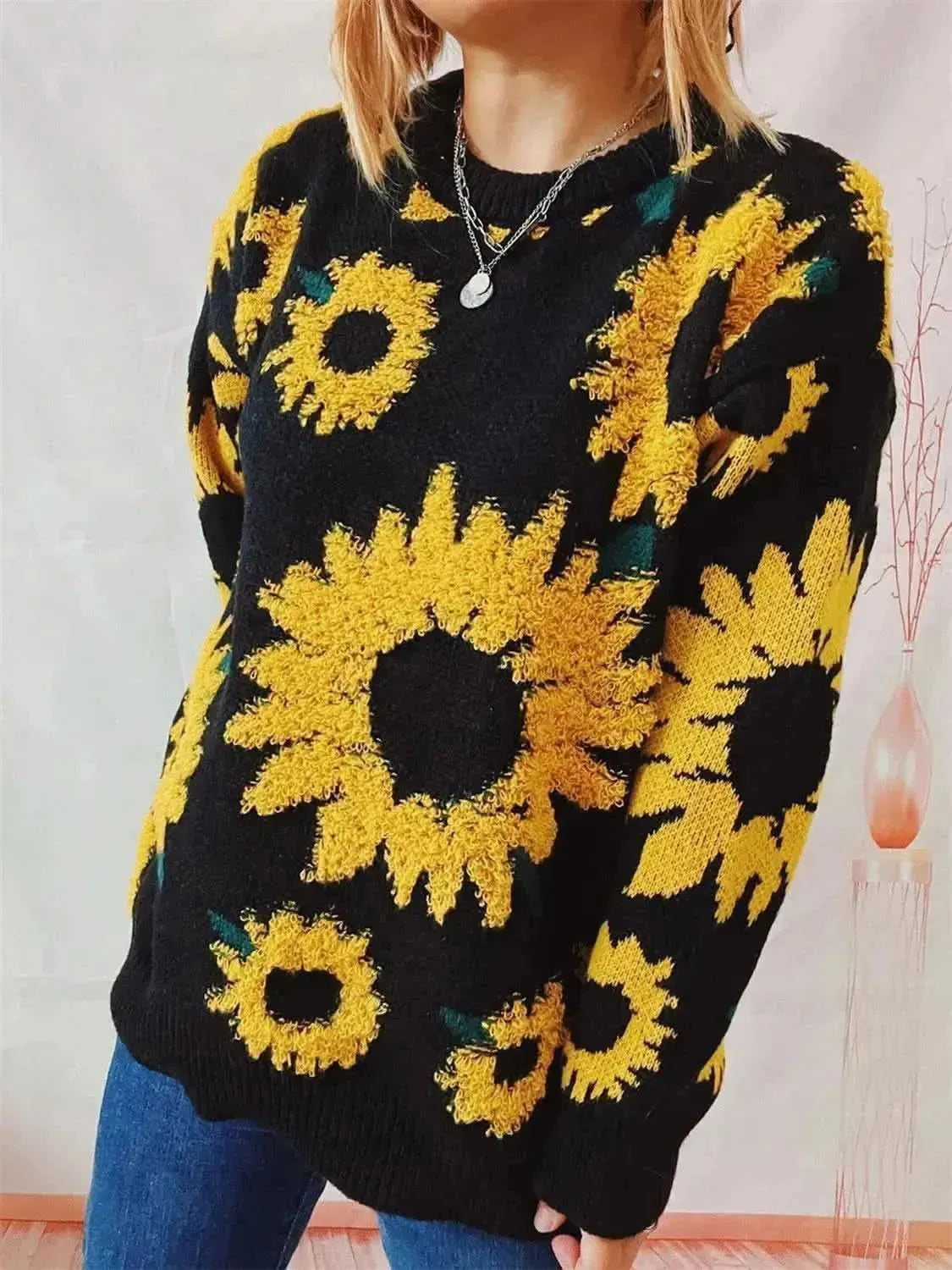 Sunflower Dropped Shoulder Long Sleeve Sweater - Bad Moms Club
