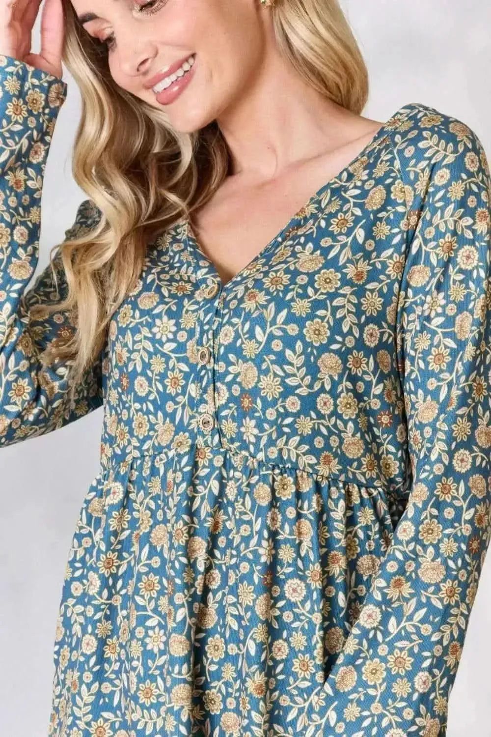 Heimish Full Size Floral Half Button Long Sleeve Blouse - Bad Moms Club