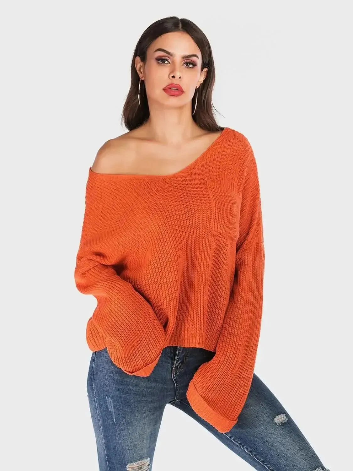 Perfee V-Neck Dropped Shoulder Long Sleeve Sweater - Bad Moms Club