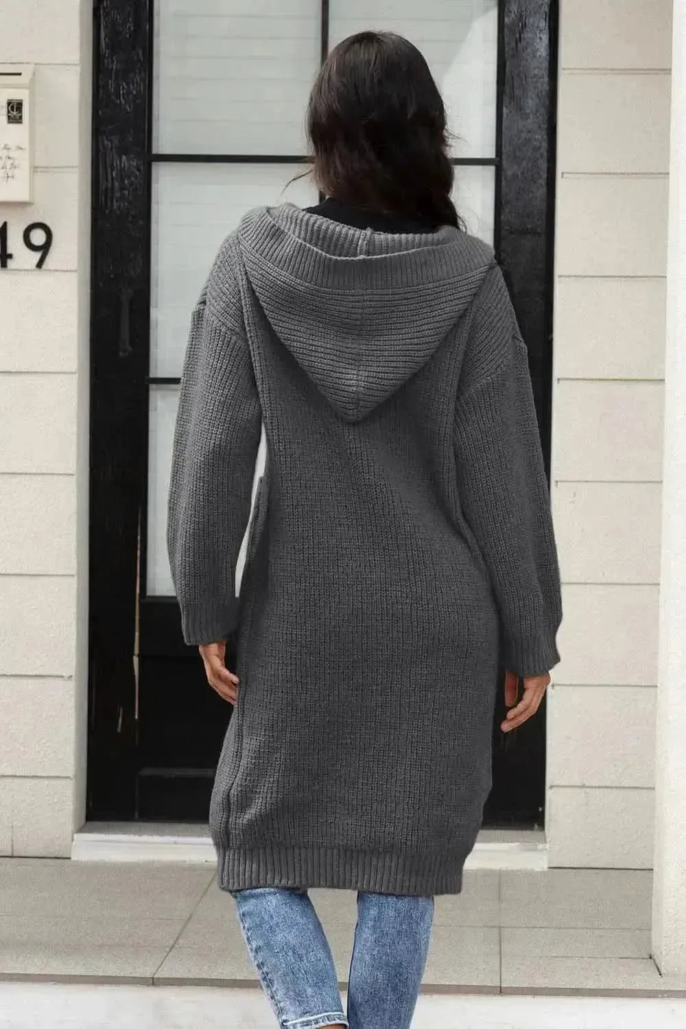 Button Up Long Sleeve Hooded Cardigan with Pockets - Bad Moms Club