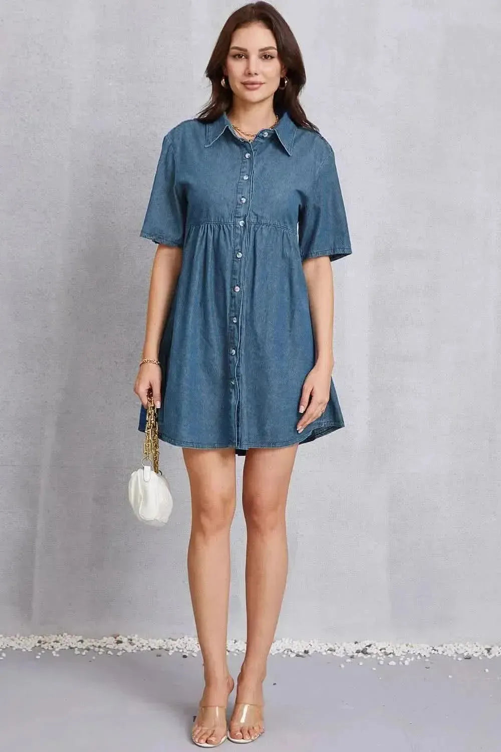 Button Up Collared Neck Tiered Denim Dress - Bad Moms Club