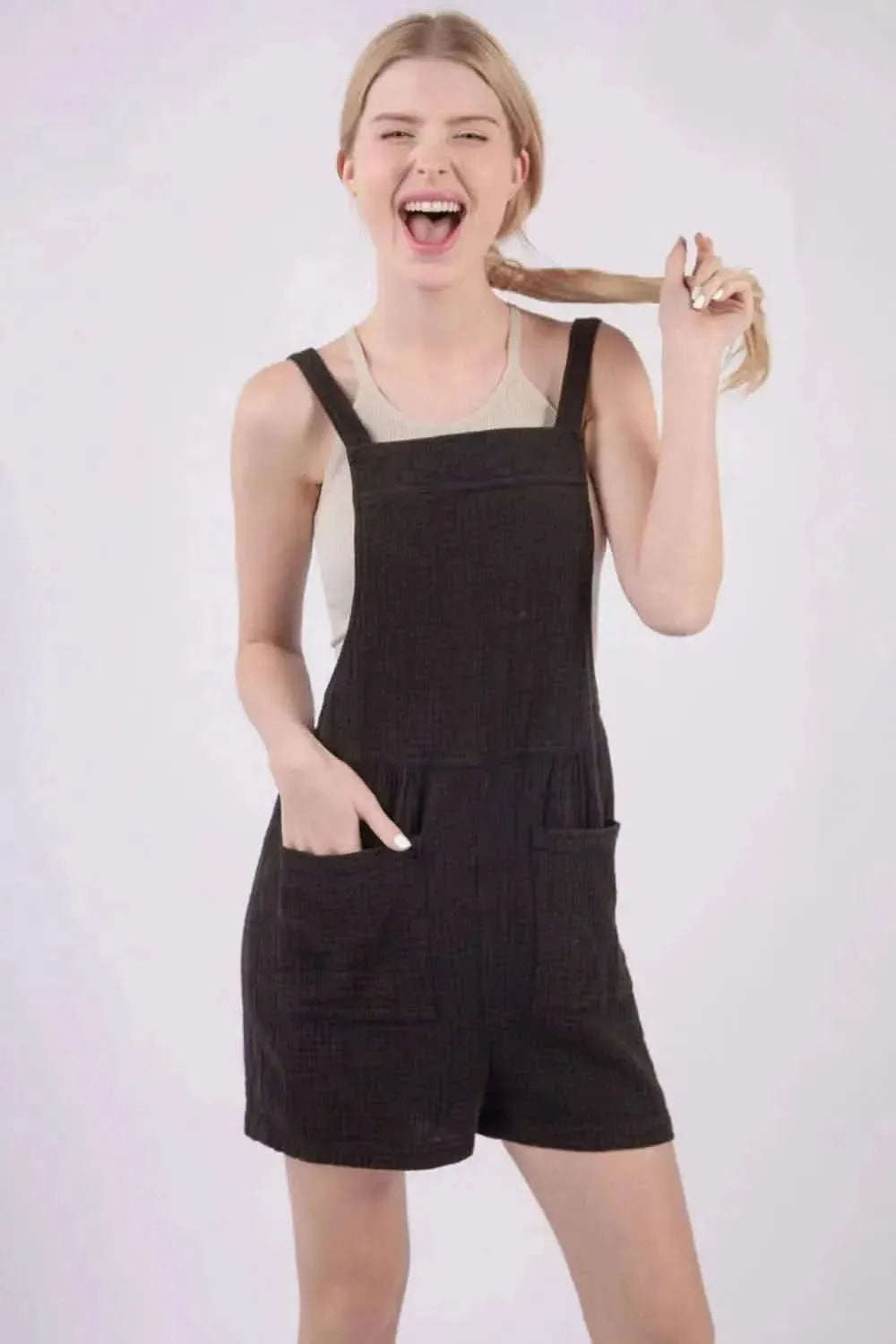 VERY J Sleeveless Double Gauze Overalls with Pockets - Bad Moms Club