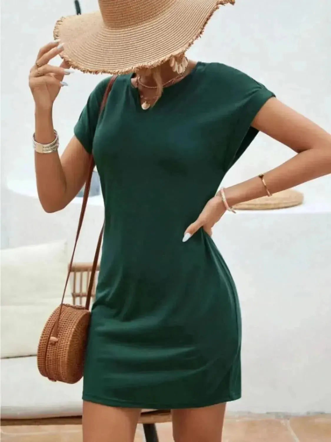 Notched Short Sleeve Mini Tee Dress - Bad Moms Club