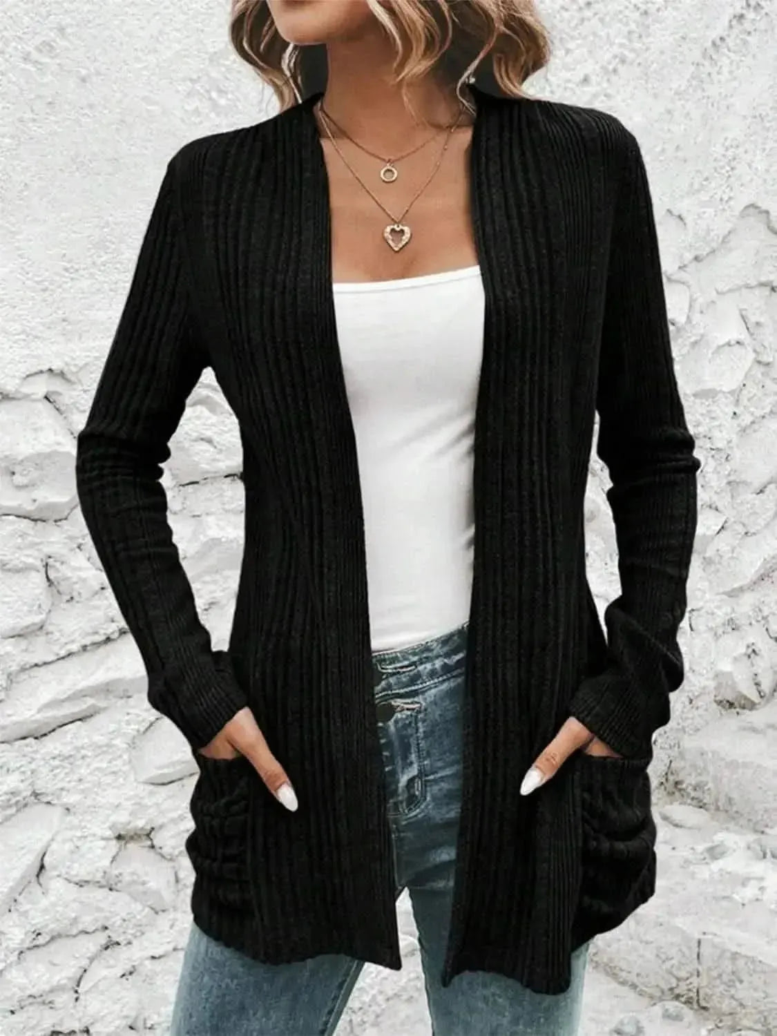 Pocketed Open Front Long Sleeve Cardigan - Bad Moms Club