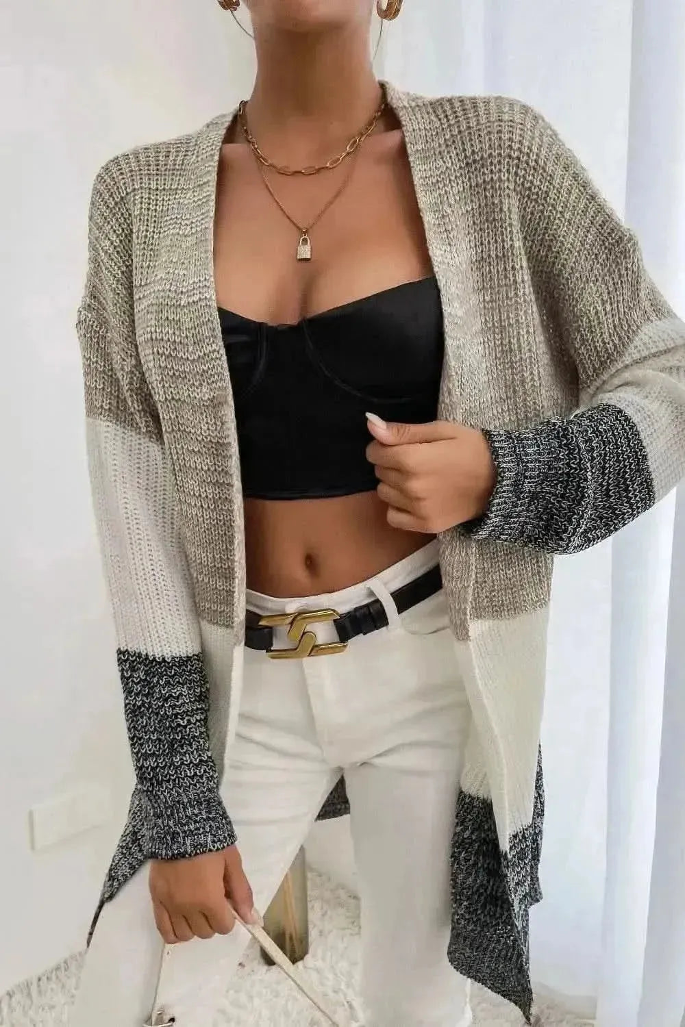 Tricolor Color Block Open Front Cardigan - Bad Moms Club