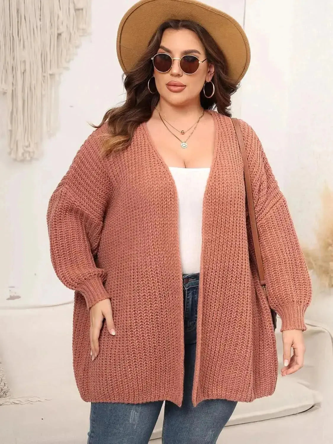 Plus Size Open Front Dropped Shoulder Knit Cardigan - Bad Moms Club