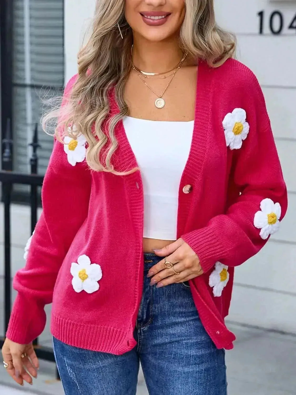 Crochet Flower Button Up Cardigan - Bad Moms Club