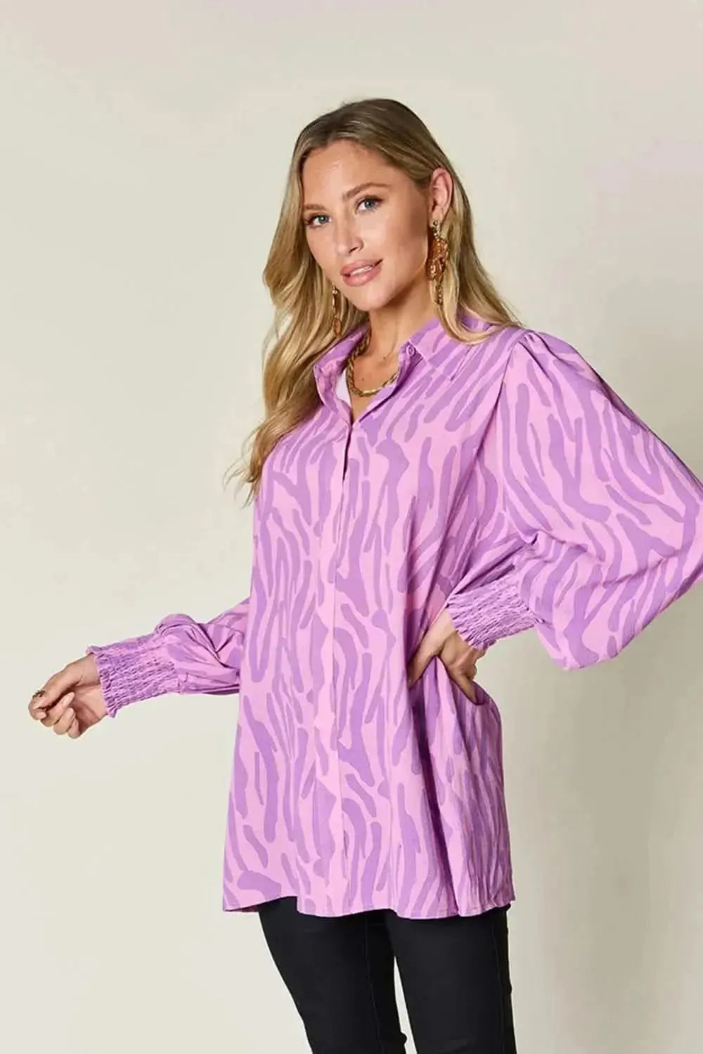 Double Take Full Size Printed Smocked Long Sleeve Blouse - Bad Moms Club