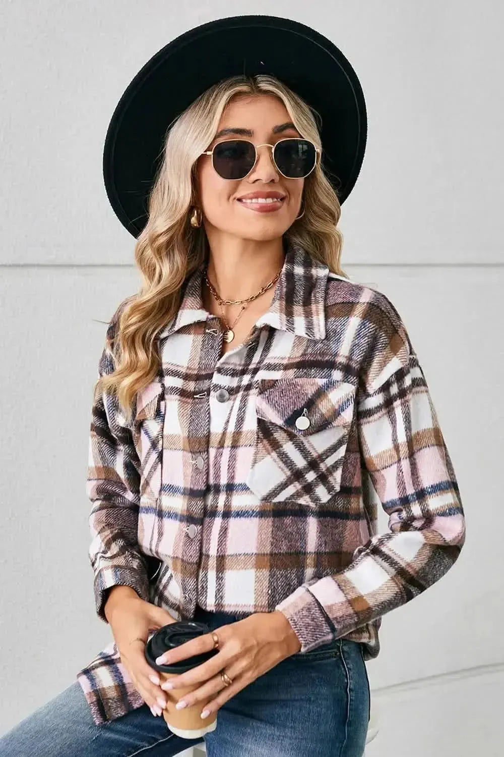 Button Down Collared Plaid Shacket - Bad Moms Club