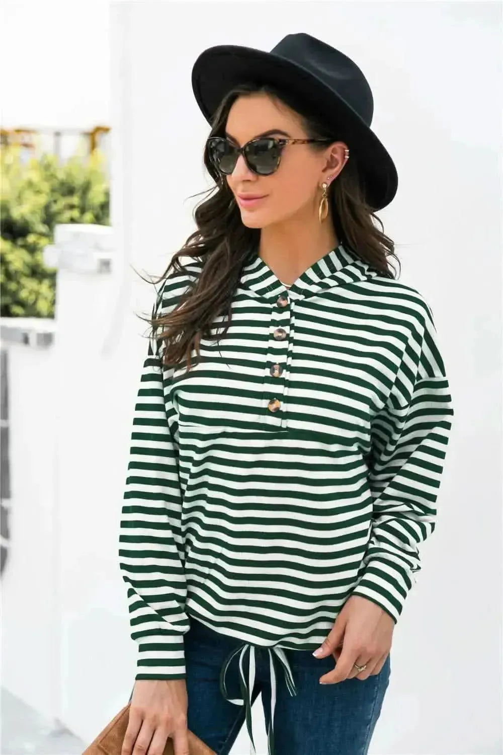 Striped Half-Button Dropped Shoulder Hoodie - Bad Moms Club