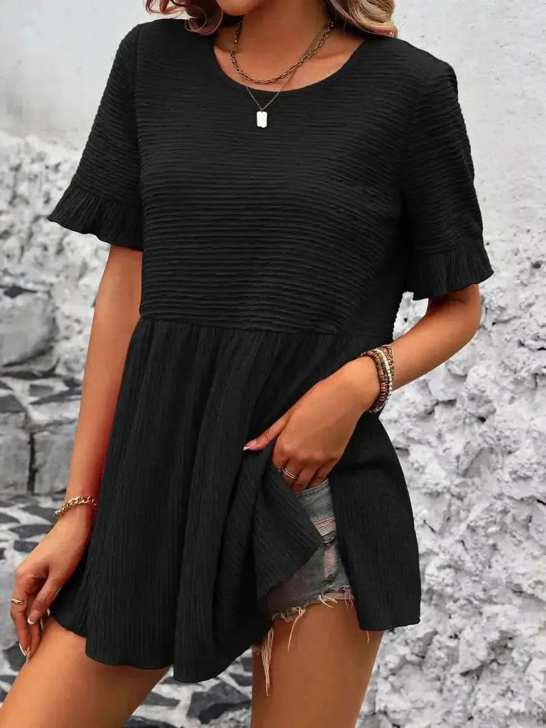 Ivy Lane Round Neck Short Sleeve Blouse - Bad Moms Club