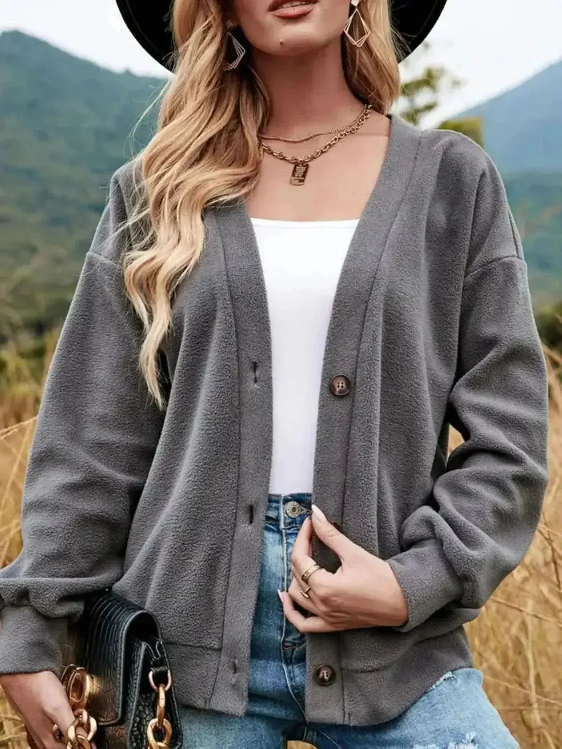 Shiny Button Down V-Neck Dropped Shoulder Jacket - Bad Moms Club