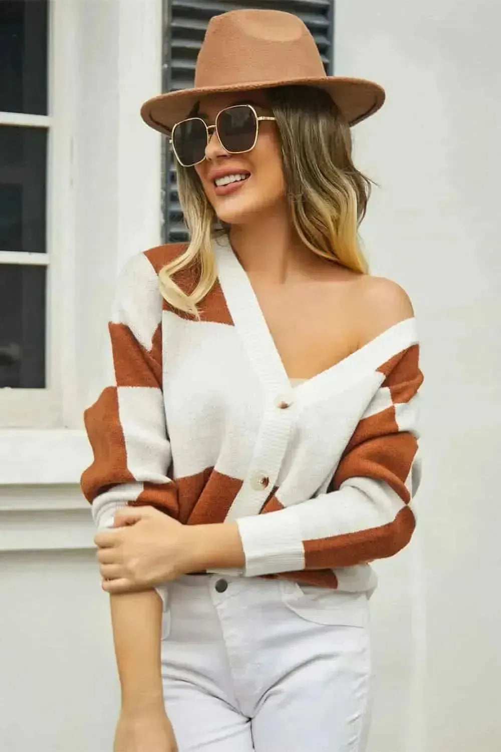 Plaid V-Neck Dropped Shoulder Cardigan - Bad Moms Club
