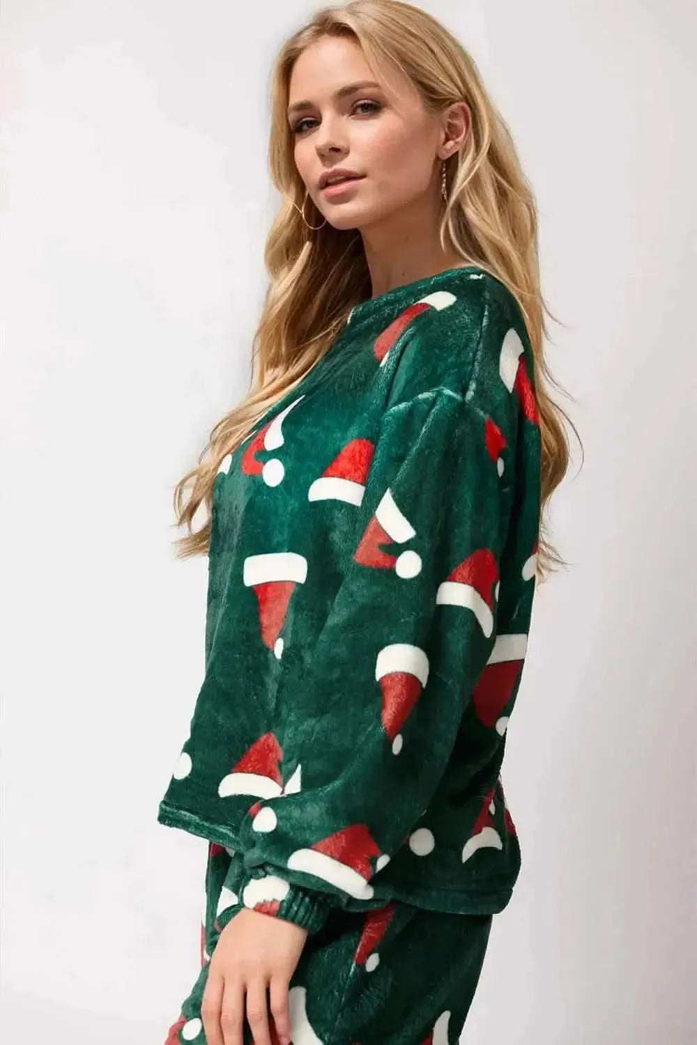 Christmas Hat Pattern Round Neck Long Sleeve Top and Pants Set - Bad Moms Club
