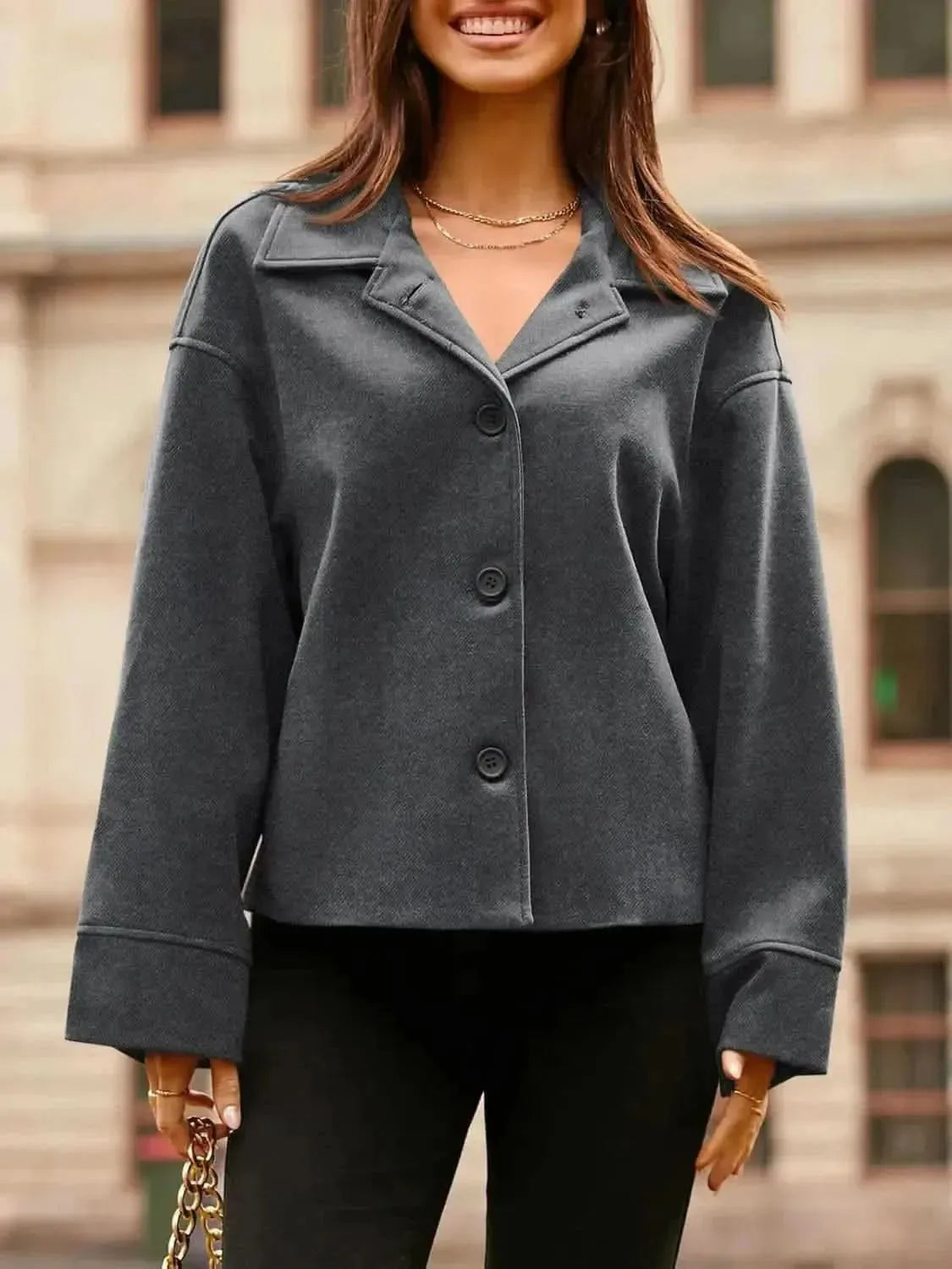 Collared Neck Dropped Shoulder Jacket - Bad Moms Club