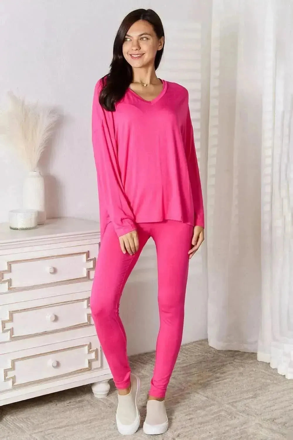 Basic Bae Full Size V-Neck Soft Rayon Long Sleeve Top and Pants Lounge Set - Bad Moms Club