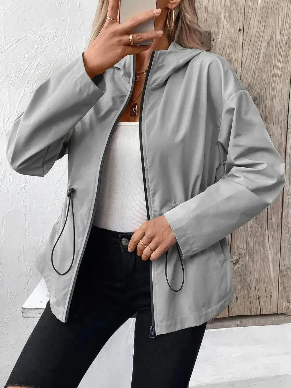 Drawstring Zip Up Hooded Jacket - Bad Moms Club