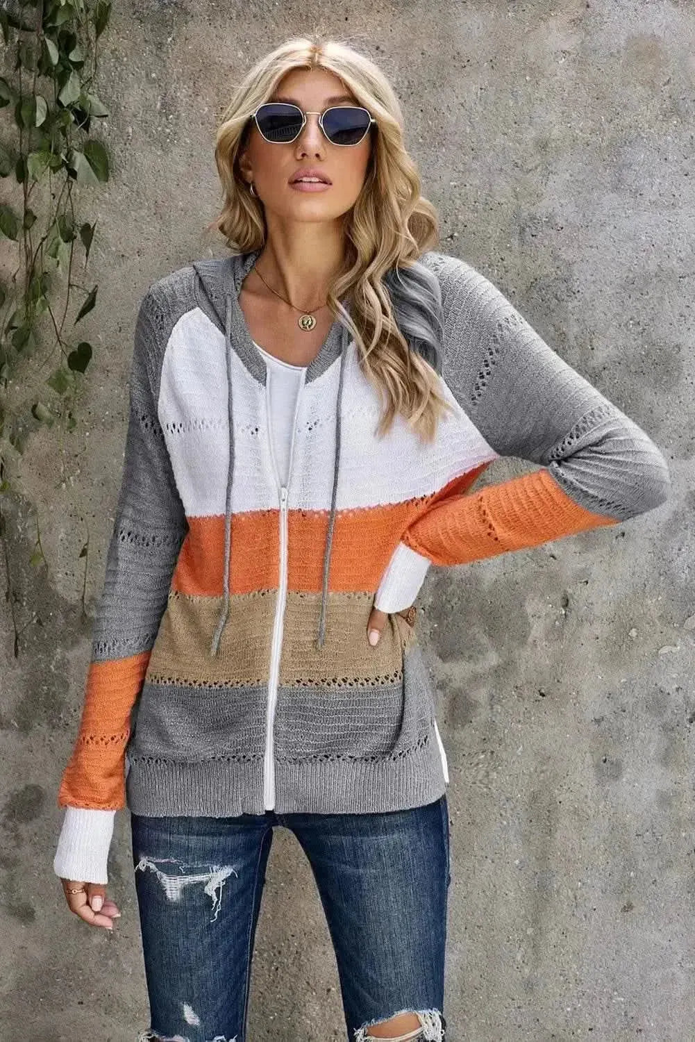 Zip-Up Raglan Sleeve Openwork Hooded Cardigan - Bad Moms Club