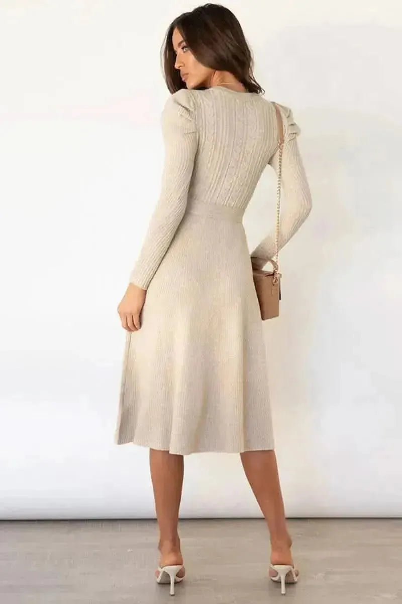Round Neck Long Sleeve Tie Waist Sweater Dress - Bad Moms Club