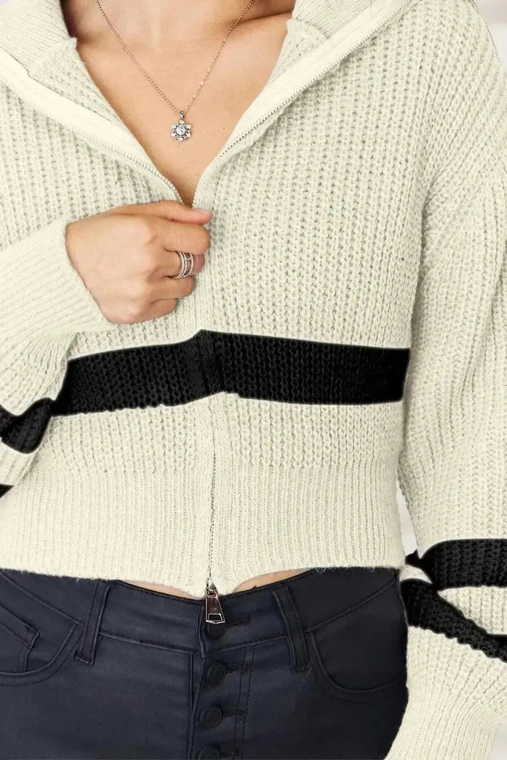 Striped Zip Up Dropped Shoulder Cardigan - Bad Moms Club