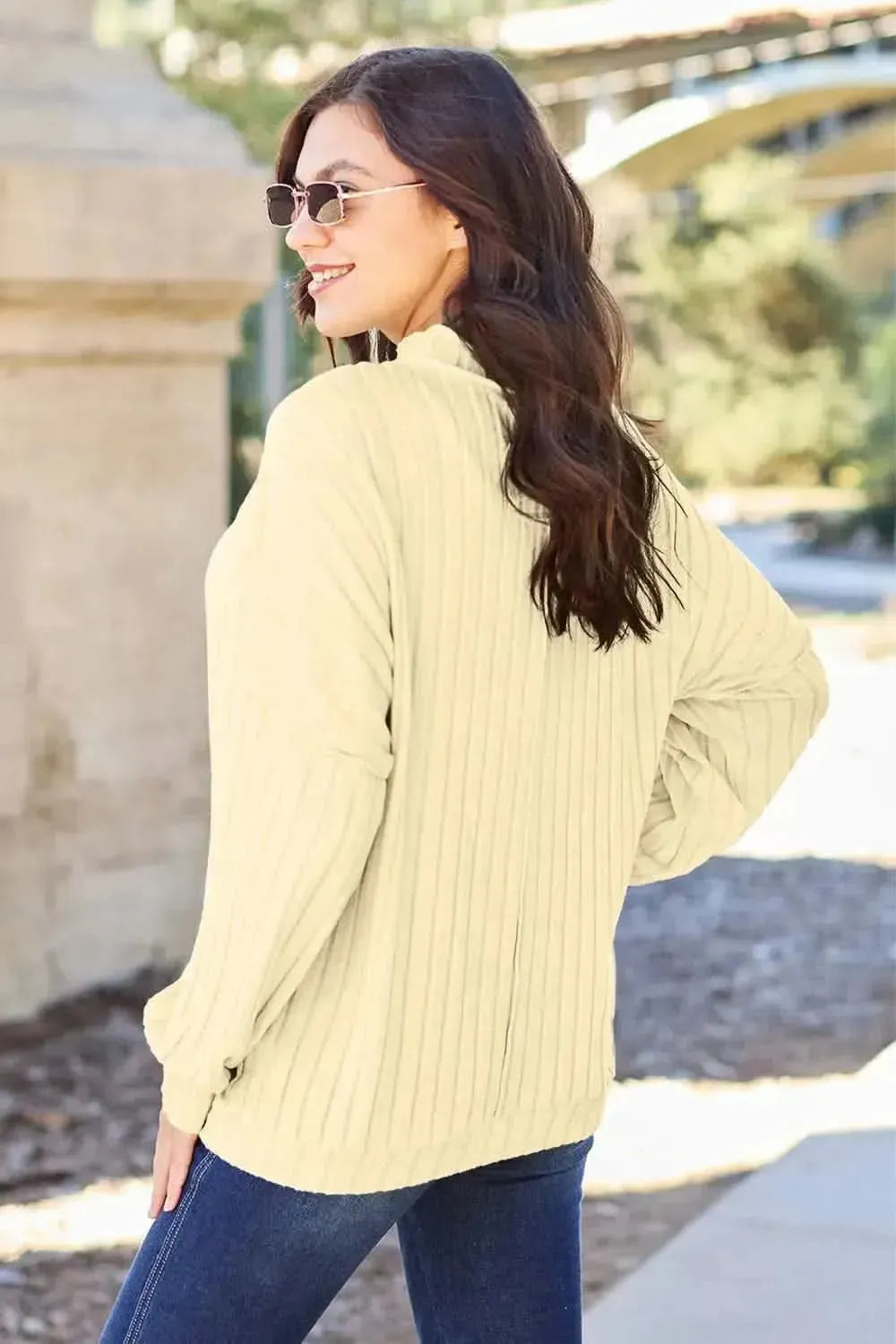 Basic Bae Full Size Ribbed Exposed Seam Mock Neck Knit Top - Bad Moms Club
