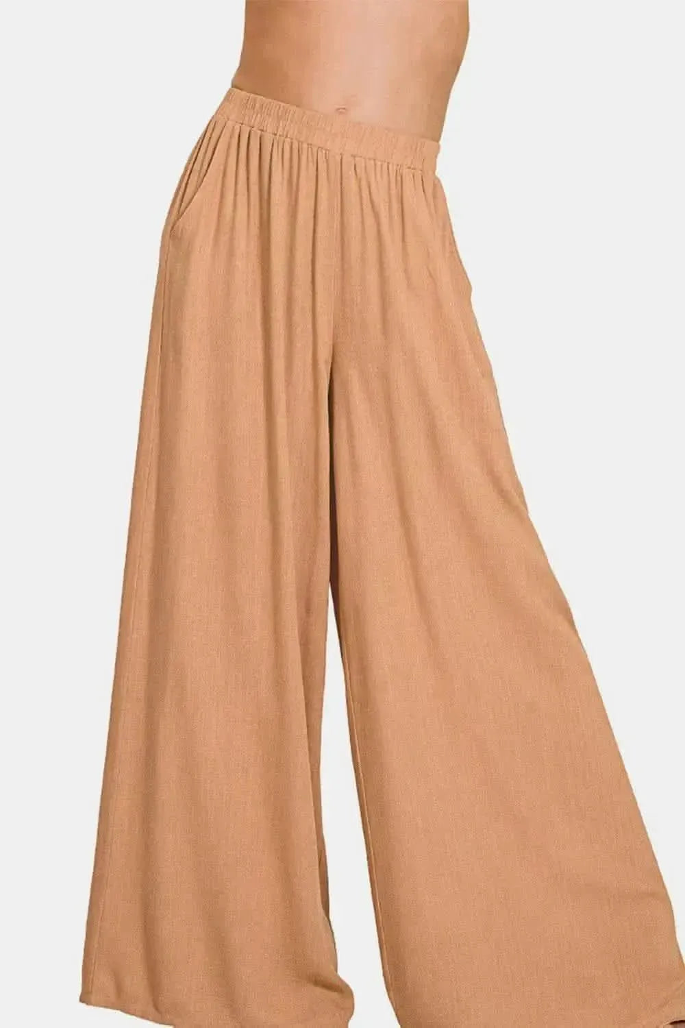 Zenana Pleated Linen Blend Wide Leg Pants - Bad Moms Club